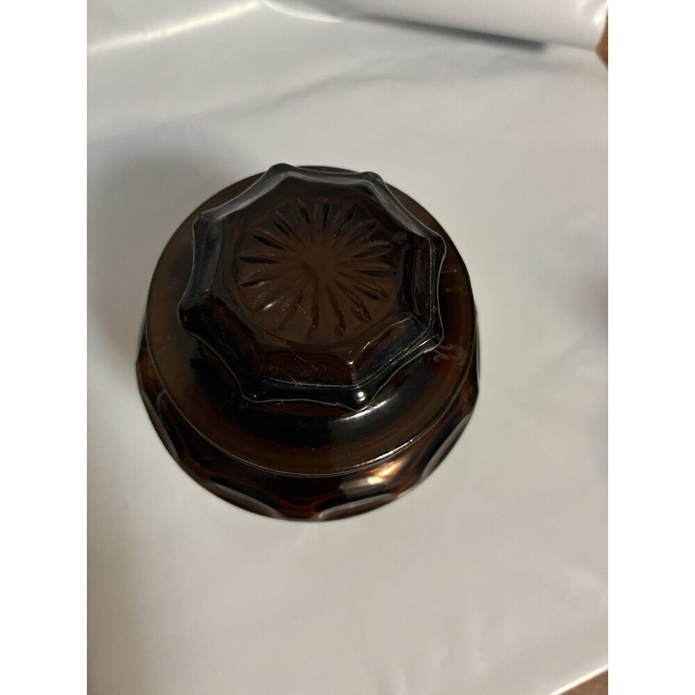 Vintage Dark Amber Glass Thumbprint Body & Starburst Pattern Lid Cremora Jar - Picture 3 of 12